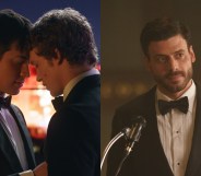 Heated Rivalry stills: Shane Hollander (Hudson Williams) and lya Rozanov (Connor Storrie) in suits with their foreheads pressed together. Seperate image of Scott Hunter (François Arnaud) in a suit standing at a podium with a mic.