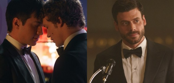 Heated Rivalry stills: Shane Hollander (Hudson Williams) and lya Rozanov (Connor Storrie) in suits with their foreheads pressed together. Seperate image of Scott Hunter (François Arnaud) in a suit standing at a podium with a mic.