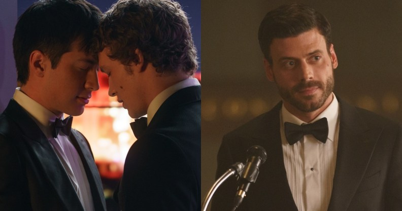 Heated Rivalry stills: Shane Hollander (Hudson Williams) and lya Rozanov (Connor Storrie) in suits with their foreheads pressed together. Seperate image of Scott Hunter (François Arnaud) in a suit standing at a podium with a mic.