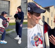 One image of Hilary Knight on one knee proposing to girlfriend Brittany Bowe. Second image of the pair looking at each other as Brittany holds up her hand with an engagement ring.