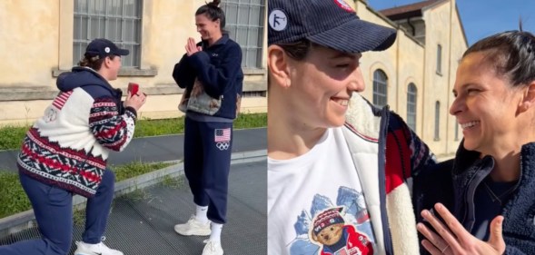 One image of Hilary Knight on one knee proposing to girlfriend Brittany Bowe. Second image of the pair looking at each other as Brittany holds up her hand with an engagement ring.