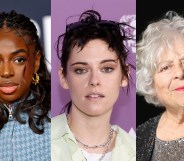Cat Burns attends The BRIT Awards 2026 with a denim blue jacket and gold hoop earrings. Kristen Stewart in a pale yellow shirt and two silver chain necklaces against a purple BAFTA backdrop. Miriam Margolyes poses during a photo session ahead of the 98th Oscars Nominees. She's wearing a sequin grey top and a gdark grey glittery cardigan.