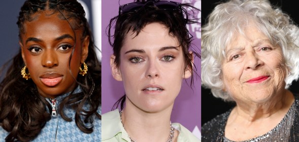 Cat Burns attends The BRIT Awards 2026 with a denim blue jacket and gold hoop earrings. Kristen Stewart in a pale yellow shirt and two silver chain necklaces against a purple BAFTA backdrop. Miriam Margolyes poses during a photo session ahead of the 98th Oscars Nominees. She's wearing a sequin grey top and a gdark grey glittery cardigan.