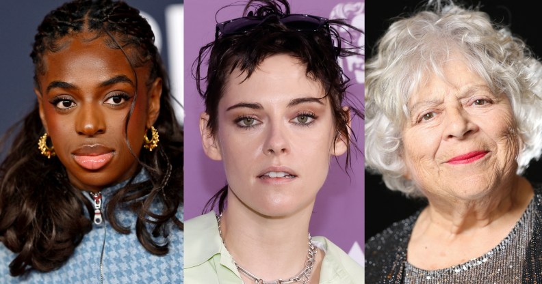 Cat Burns attends The BRIT Awards 2026 with a denim blue jacket and gold hoop earrings. Kristen Stewart in a pale yellow shirt and two silver chain necklaces against a purple BAFTA backdrop. Miriam Margolyes poses during a photo session ahead of the 98th Oscars Nominees. She's wearing a sequin grey top and a gdark grey glittery cardigan.