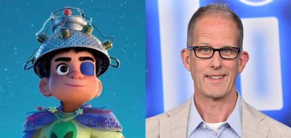 On the left, a still of Elio in Pixar film Elio. On the right, Pixar boss Pete Docter.