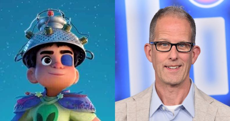 On the left, a still of Elio in Pixar film Elio. On the right, Pixar boss Pete Docter.