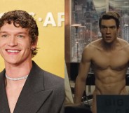 Connor Storrie headshot and SNL image of him nearly naked in an office