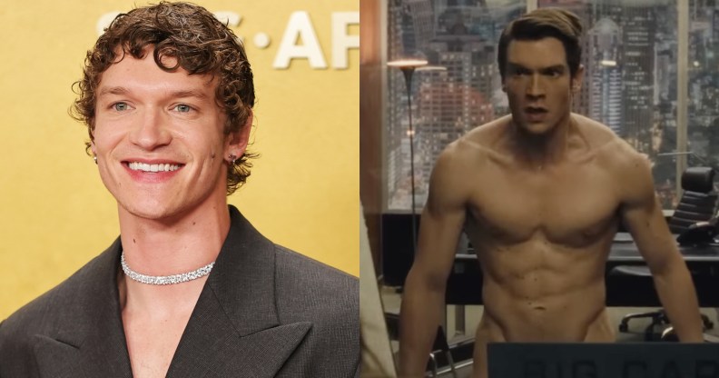 Connor Storrie headshot and SNL image of him nearly naked in an office