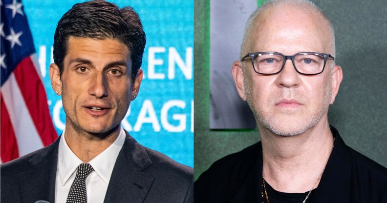 headshots of Jack Schlossberg and Ryan Murphy. Schlossberg is in a black suit, white shirt and polkadot tie. Schlossberg is in a black t-shirt and suit jacket, also wearing glasses.