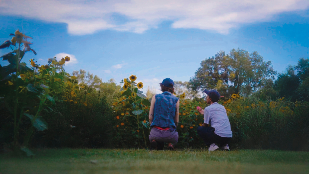 What Will I Become? still: two people with blue caps looking at a sunflower field with their backs to the camera