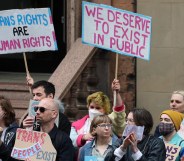 Trans rights demonstrators gather outside the Equalities and Human Rights Commission