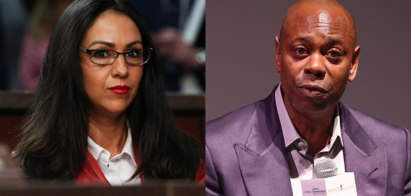 headshots of Lauren Boebert and Dave Chappelle