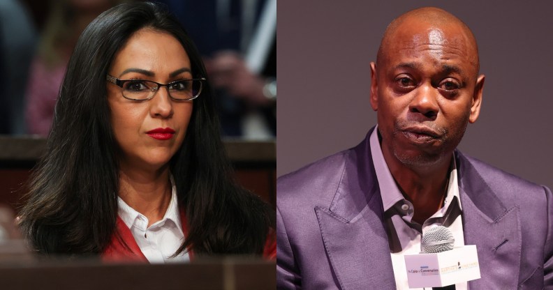 headshots of Lauren Boebert and Dave Chappelle