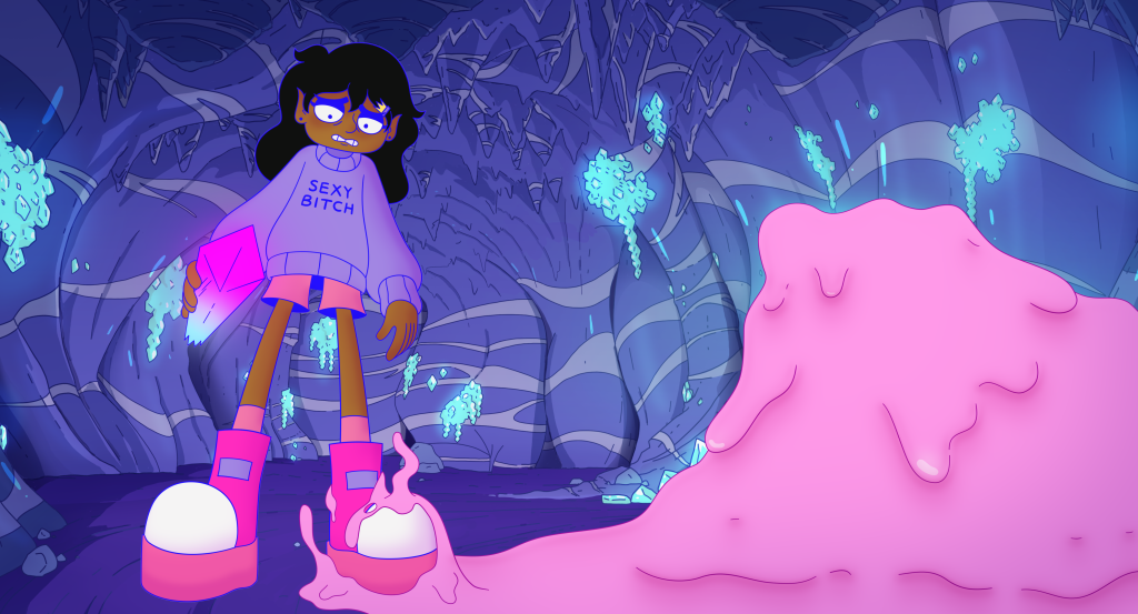 Lesbian Space Princess still: a woman in a purple jumper looking at a pile of pink goo