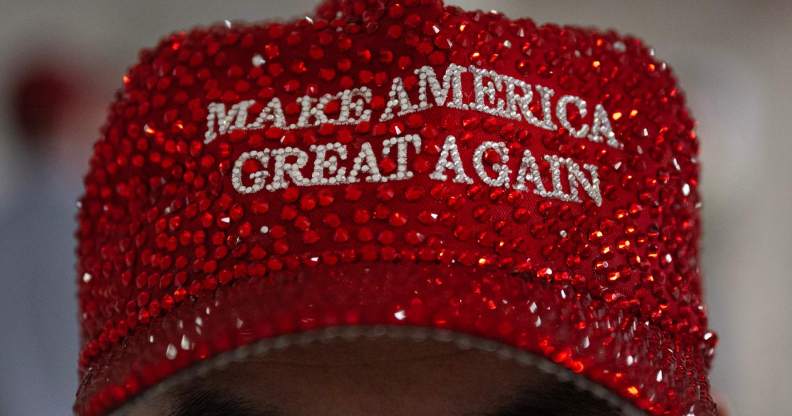 A rhinestoned MAGA cap