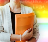 teacher with gay pride flag colours