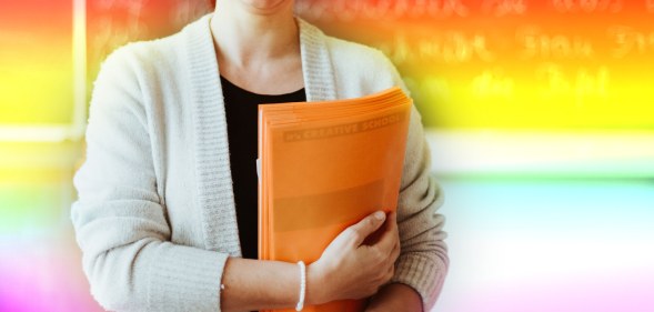 teacher with gay pride flag colours