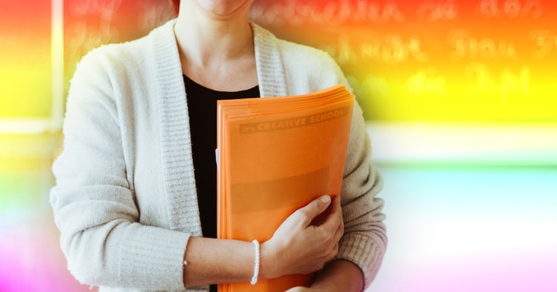 teacher with gay pride flag colours