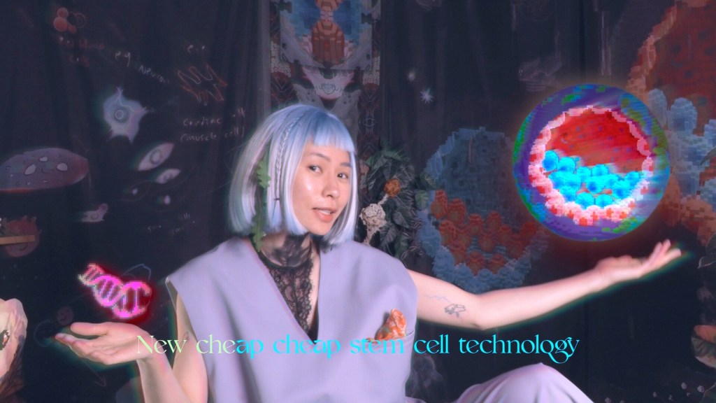 In Petri Dish We Sing: abstrat image of a person holding edited cells and DNA strand