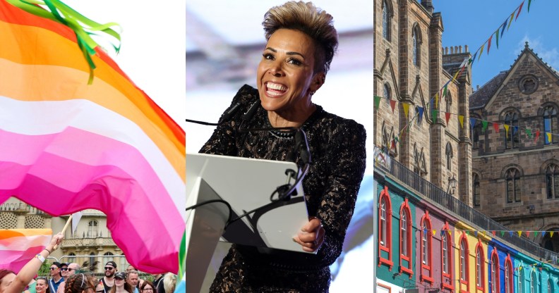 Lesbian Visibility Week: lesbian flag, Dame Kelly Holmes and image of Edinburgh street.