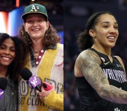 Sydney Colson and Theresa Plaisance of the "Syd and TP Show" pose for a portrait. Alsoo, Gabby Williams #1 of the Golden State Valkyries is congratulated by teammates.