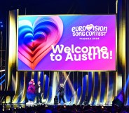 A general view during the first semi-final of the Eurovision Song Contest. 'Welcome to Austria' sign