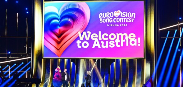 A general view during the first semi-final of the Eurovision Song Contest. 'Welcome to Austria' sign