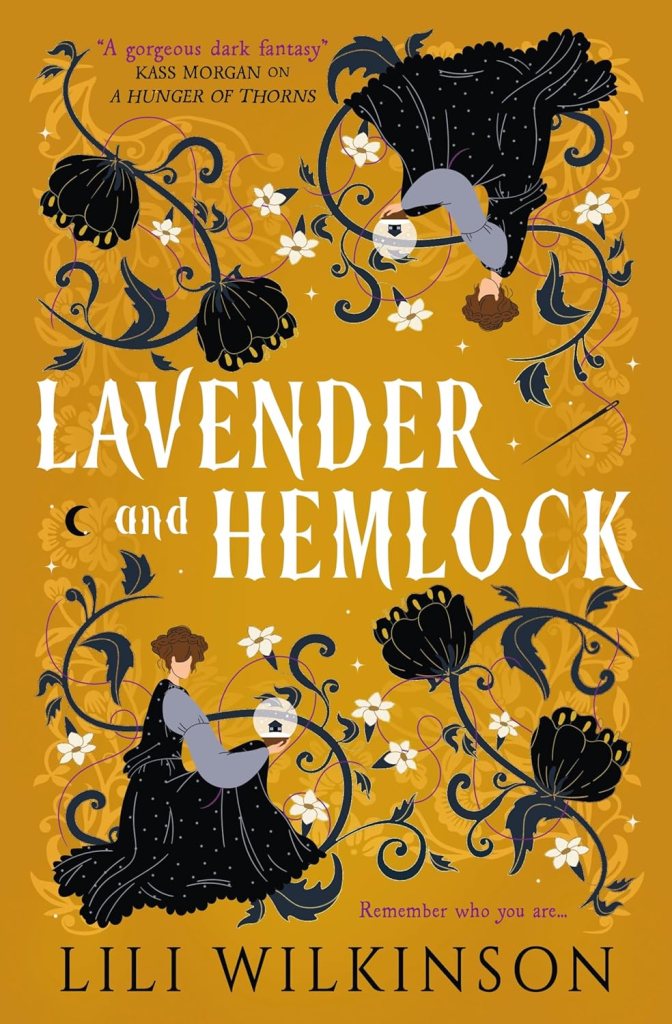 Lavender and Hemlock by Lili Wilkinson cover: a woman kneeling with a snowglobe with floral swirls on a golden yellow background.