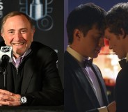 Two images: National Hockey League Commissioner Gary Bettman sat in front of a mic. Heated Rivarly still of Shane Hollander (Hudson Williams) and Ilya Rozanov (Connor Storrie) resting their foreheads together.
