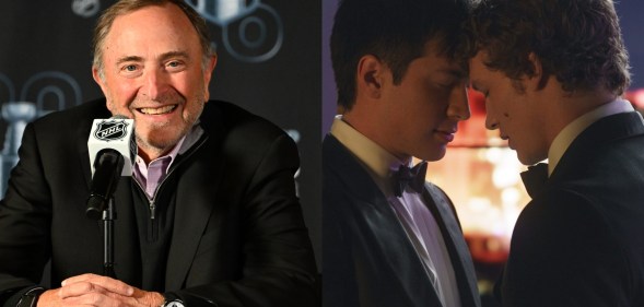 Two images: National Hockey League Commissioner Gary Bettman sat in front of a mic. Heated Rivarly still of Shane Hollander (Hudson Williams) and Ilya Rozanov (Connor Storrie) resting their foreheads together.