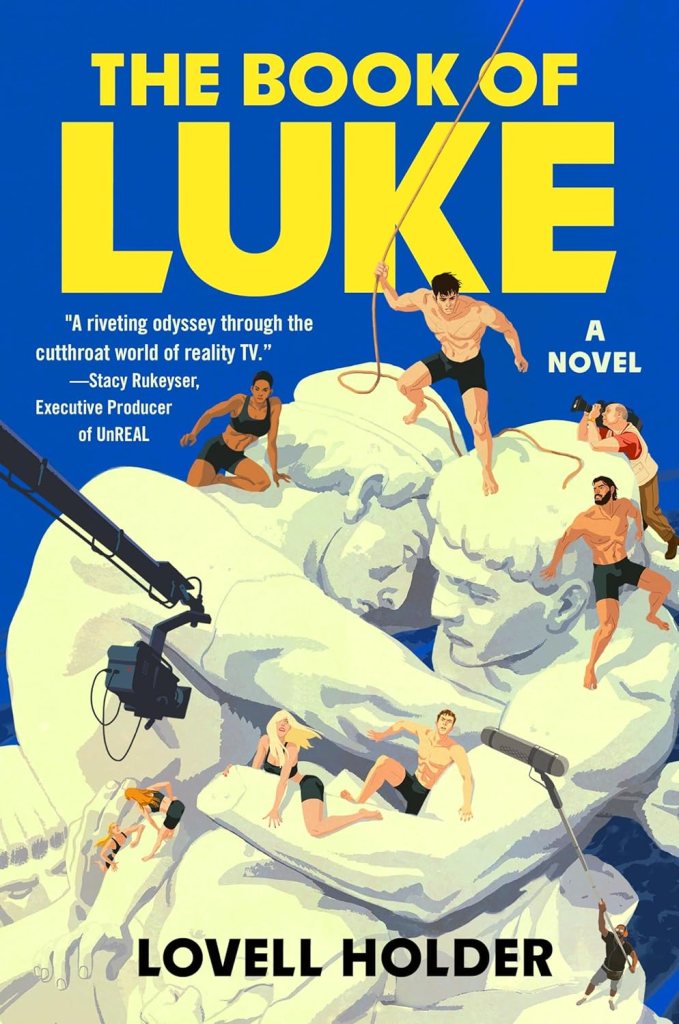 The Book of Luke cover: two statues embracing with people climbing over them