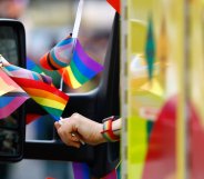 An ambulance seen taking part in a Pride Parade