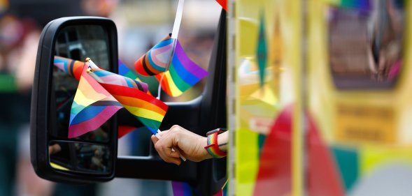 An ambulance seen taking part in a Pride Parade