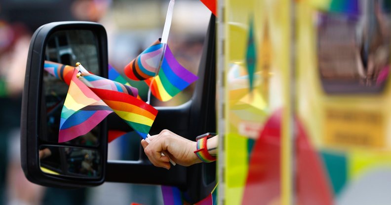 An ambulance seen taking part in a Pride Parade