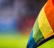 A Pride flag at a football stadium