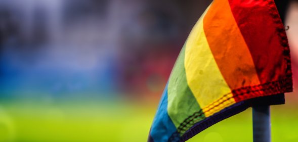 A Pride flag at a football stadium