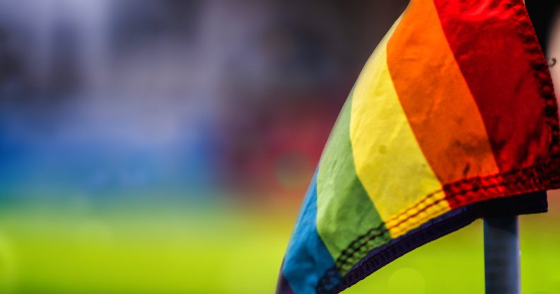 A Pride flag at a football stadium