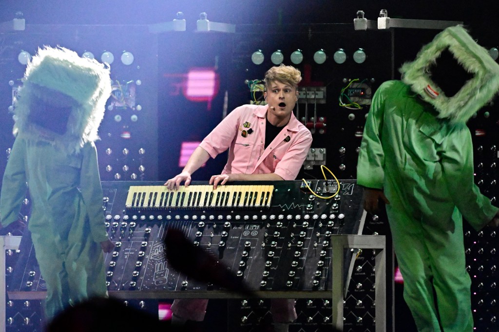 English musician Sam Battle, aka Look Mum No Computer and representing Great Britain with the song 'Eins, Zwei, Drei', performs during the second semi-final of the Eurovision Song Contest 2026