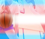 female basketball players with trans pride flag colours