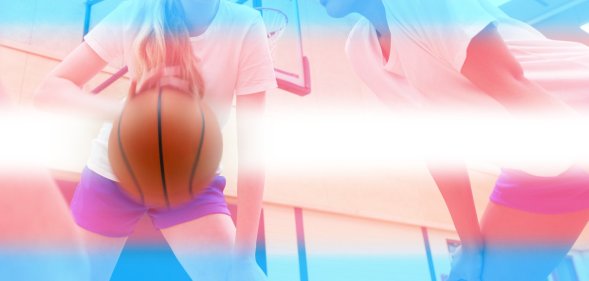 female basketball players with trans pride flag colours