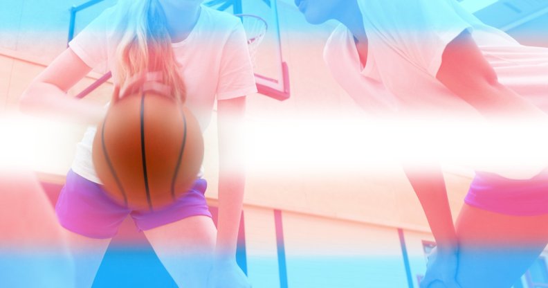 female basketball players with trans pride flag colours