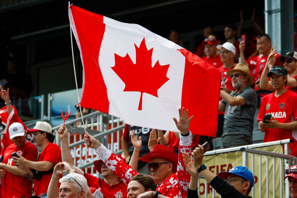 A fan waves a Canadian flag during the FIFA World Cup game