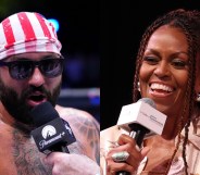 Josh Hokit speaks to Joe Rogan following his win in a heavyweight fight during the UFC Freedom 250 event on the South Lawn at the White House. Beside image of Michelle Obama speaking during Higher Ground's "IMO with Michelle Obama" podcast