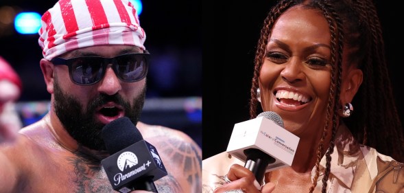 Josh Hokit speaks to Joe Rogan following his win in a heavyweight fight during the UFC Freedom 250 event on the South Lawn at the White House. Beside image of Michelle Obama speaking during Higher Ground's "IMO with Michelle Obama" podcast