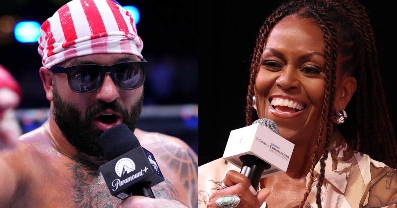 Josh Hokit speaks to Joe Rogan following his win in a heavyweight fight during the UFC Freedom 250 event on the South Lawn at the White House. Beside image of Michelle Obama speaking during Higher Ground's "IMO with Michelle Obama" podcast