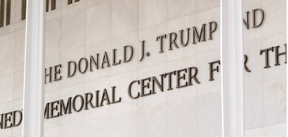 The marquee at The Donald J. Trump and John F. Kennedy Memorial Center for the Performing Arts