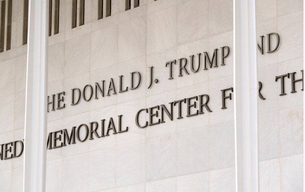 The marquee at The Donald J. Trump and John F. Kennedy Memorial Center for the Performing Arts