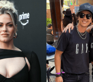 Dayna Kathan at an event, next to an image of Kathan with another person at Pride. Both people wear shirts that say 'GAY' on the chests.