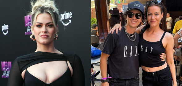 Dayna Kathan at an event, next to an image of Kathan with another person at Pride. Both people wear shirts that say 'GAY' on the chests.