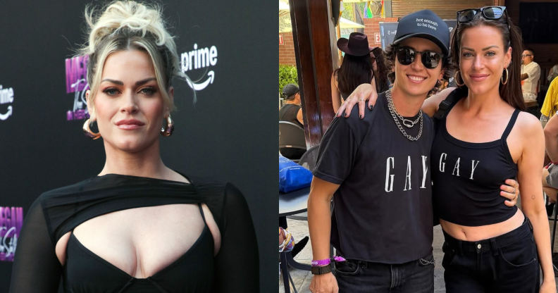 Dayna Kathan at an event, next to an image of Kathan with another person at Pride. Both people wear shirts that say 'GAY' on the chests.